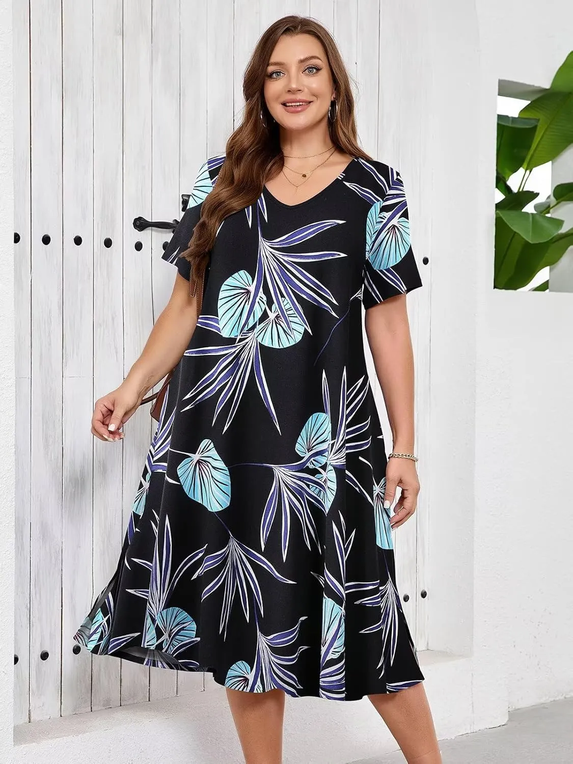 Women Plus Size Dresses Summer Casual Loose Flowy Midi Tshirt Dress V Neck Short Sleeve Long Beach Cover Ups Sundress Pockets