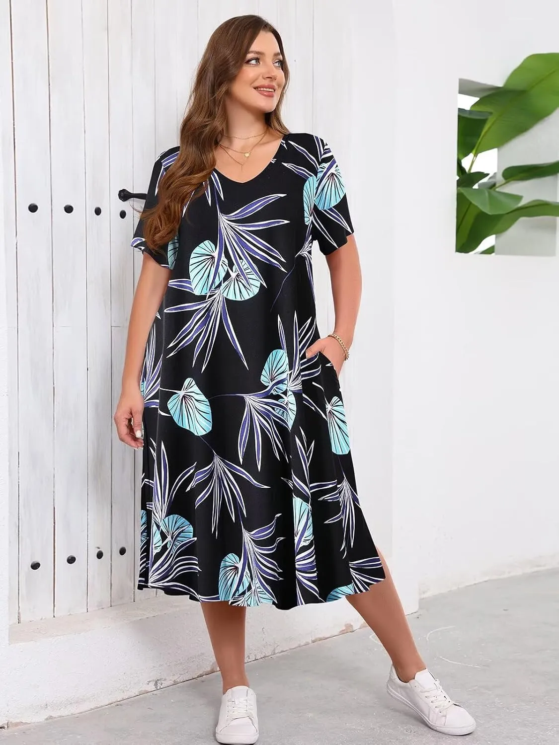 Women Plus Size Dresses Summer Casual Loose Flowy Midi Tshirt Dress V Neck Short Sleeve Long Beach Cover Ups Sundress Pockets