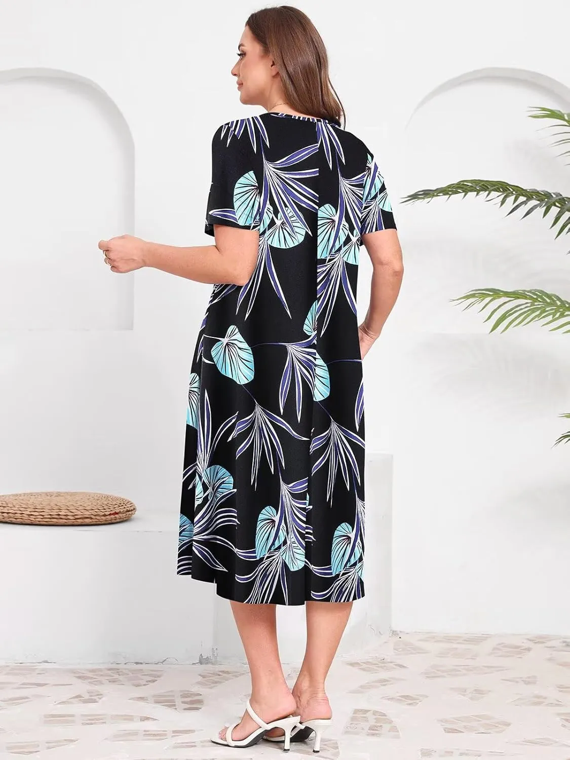 Women Plus Size Dresses Summer Casual Loose Flowy Midi Tshirt Dress V Neck Short Sleeve Long Beach Cover Ups Sundress Pockets