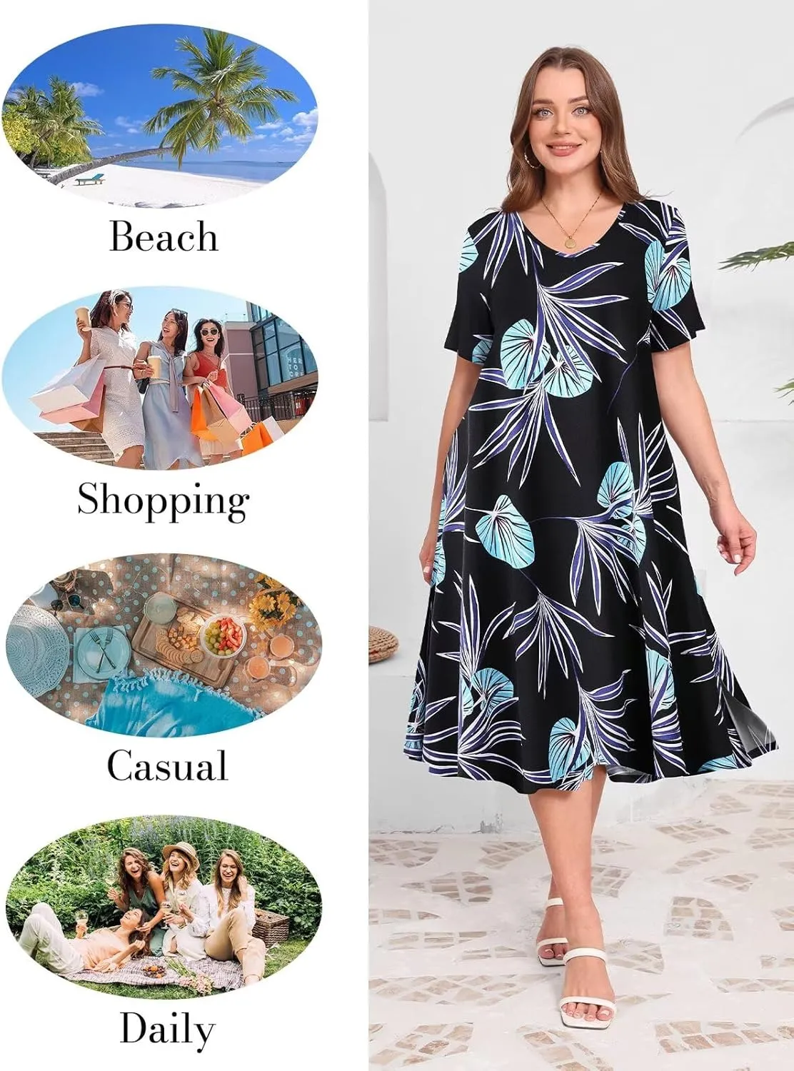 Women Plus Size Dresses Summer Casual Loose Flowy Midi Tshirt Dress V Neck Short Sleeve Long Beach Cover Ups Sundress Pockets