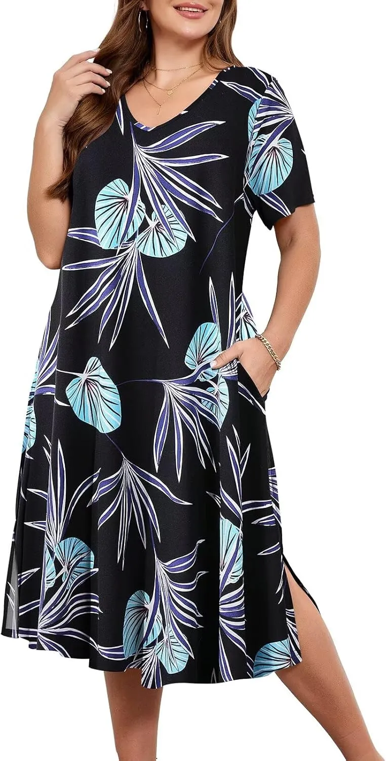 Women Plus Size Dresses Summer Casual Loose Flowy Midi Tshirt Dress V Neck Short Sleeve Long Beach Cover Ups Sundress Pockets