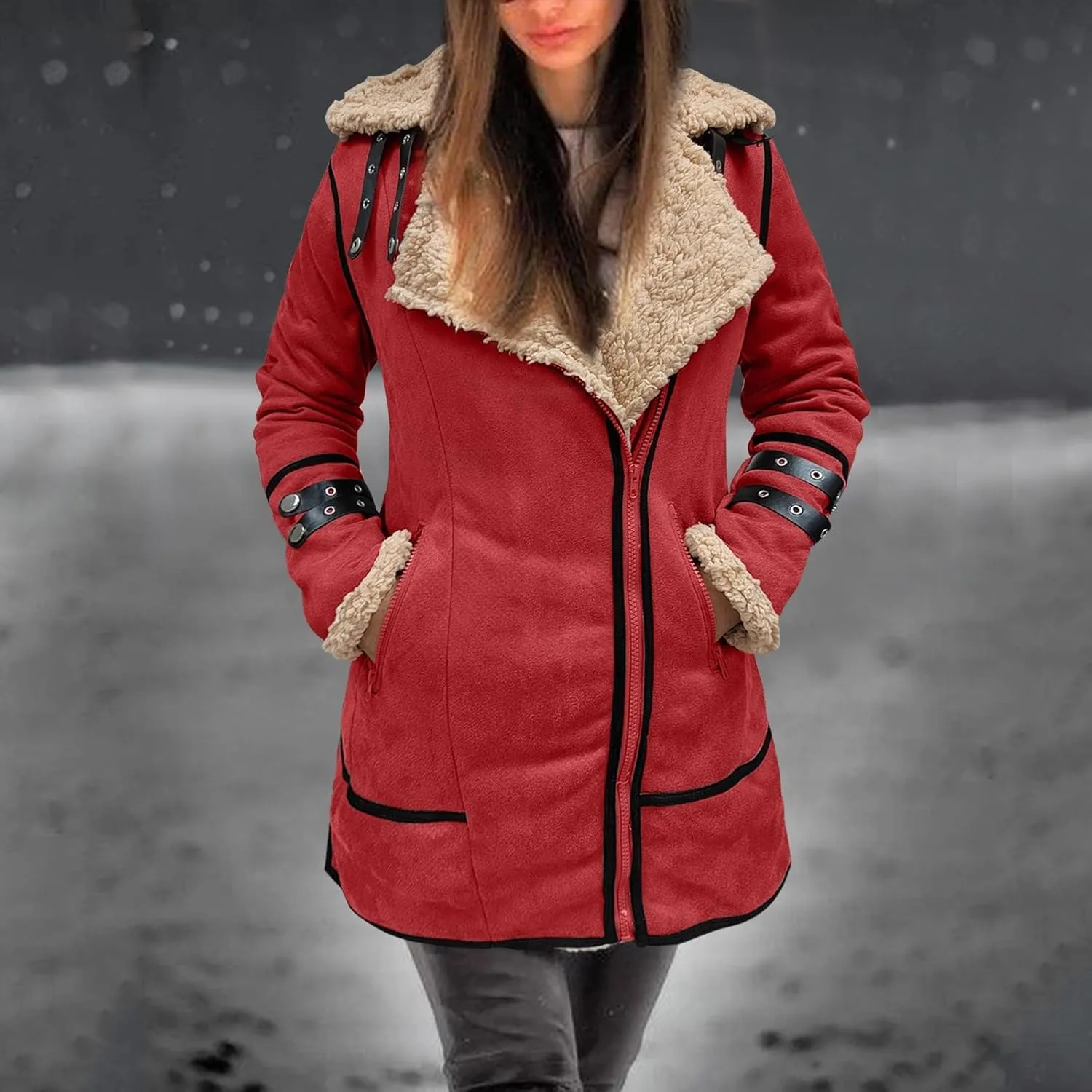 Women Plus Size Winter Coat Lapel Collar Long Sleeve Padded Leather Jacket Vintage Thicken Flannel Shirt Jacket
