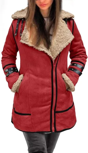 Women Plus Size Winter Coat Lapel Collar Long Sleeve Padded Leather Jacket Vintage Thicken Flannel Shirt Jacket