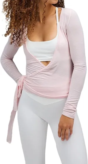 Women Wrap Top Long Sleeve Deep V Neck Cross Tie Workout Ballet Pilates Yoga Shirt