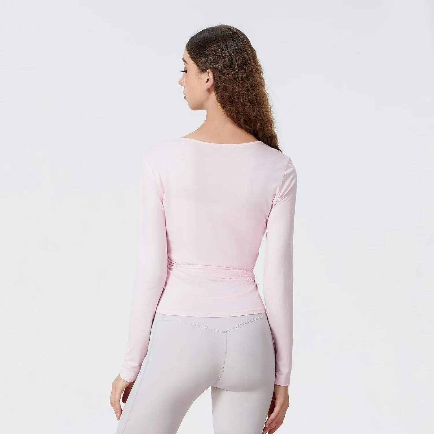Women Wrap Top Long Sleeve Deep V Neck Cross Tie Workout Ballet Pilates Yoga Shirt