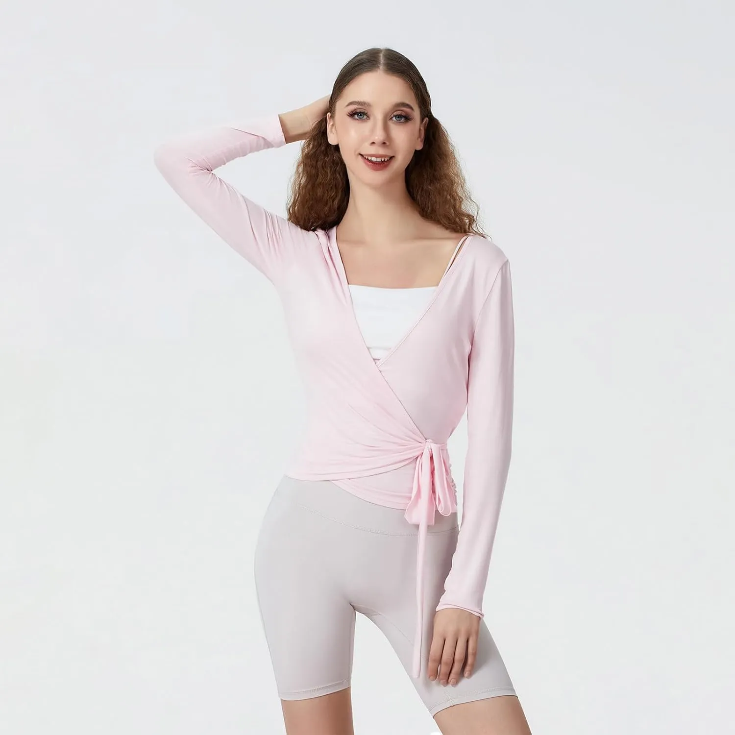 Women Wrap Top Long Sleeve Deep V Neck Cross Tie Workout Ballet Pilates Yoga Shirt