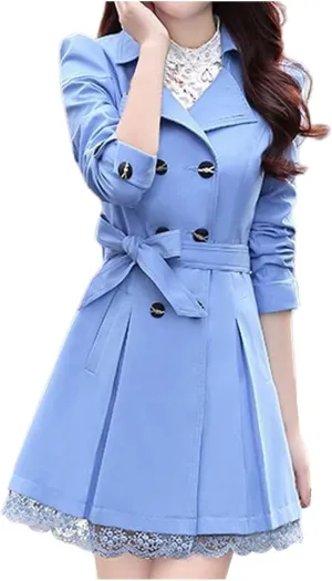 Womens 2024 Fashion Solid Lace Outwear Long Sleeve Double Breasted Overcoat Comfy Slim Trench Coat with Bowknot Belt
