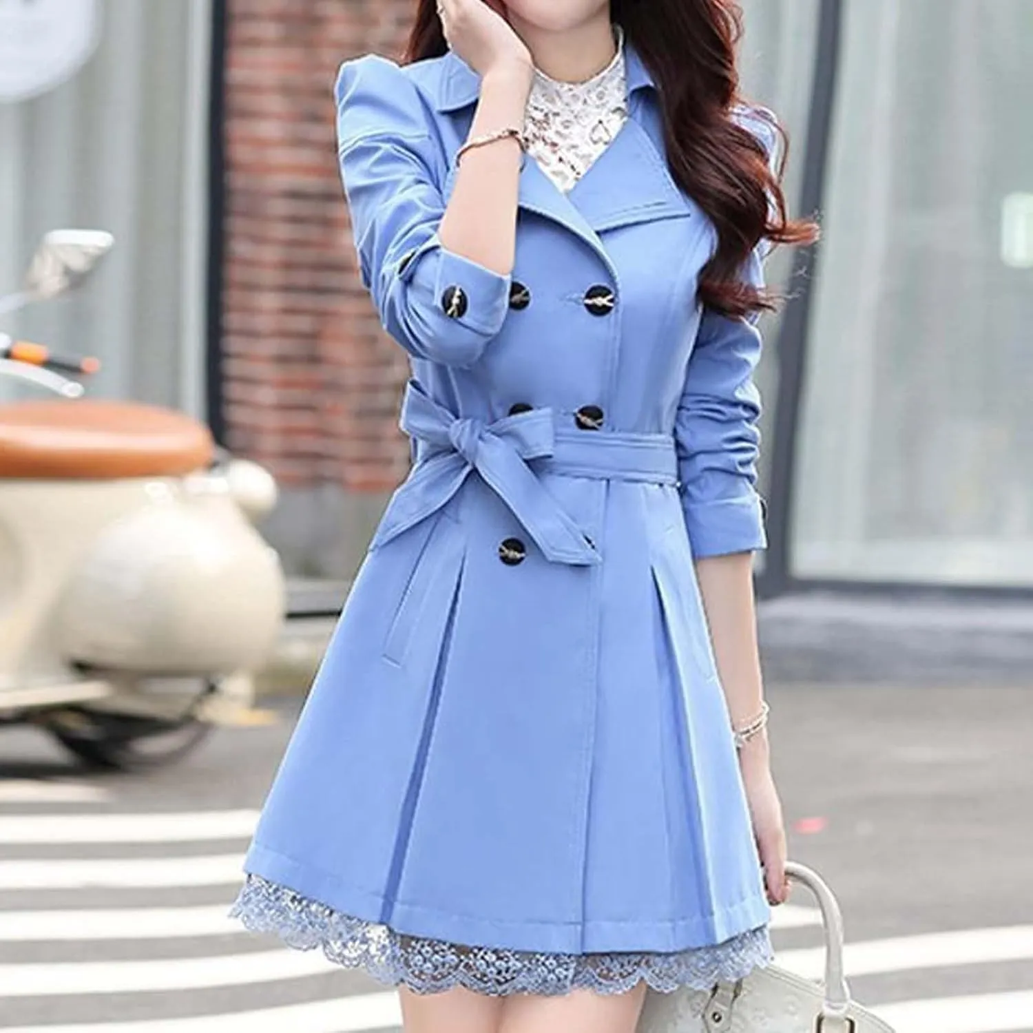 Womens 2024 Fashion Solid Lace Outwear Long Sleeve Double Breasted Overcoat Comfy Slim Trench Coat with Bowknot Belt