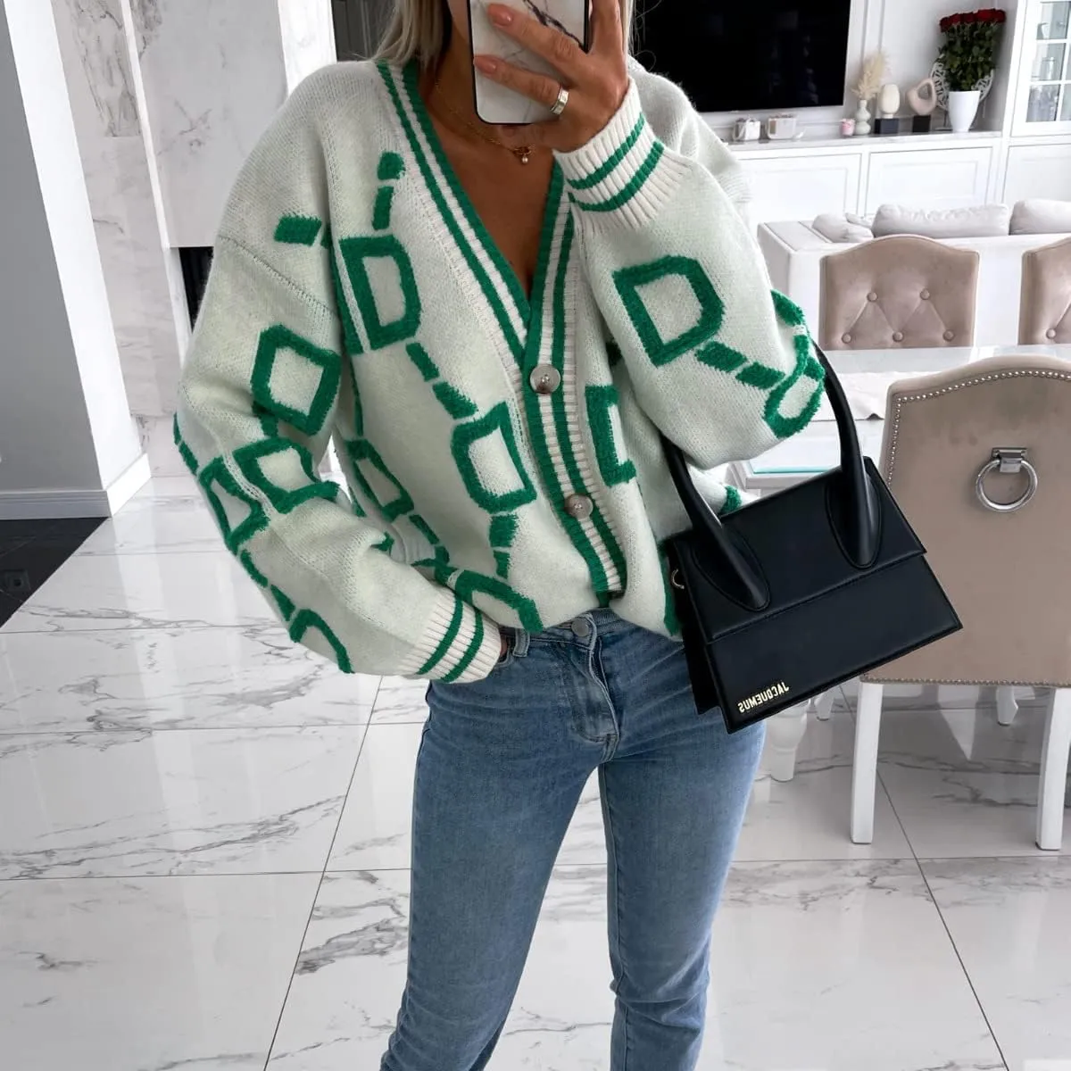 Women's Button V Neck Knit Long Sleeve Cardigan Sweater Casual Drop Shoulder Geometric Knit Loose Chunky Outerwear Top