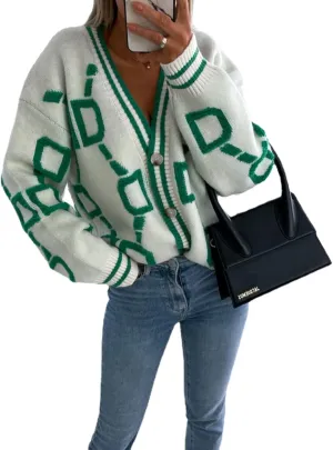 Women's Button V Neck Knit Long Sleeve Cardigan Sweater Casual Drop Shoulder Geometric Knit Loose Chunky Outerwear Top