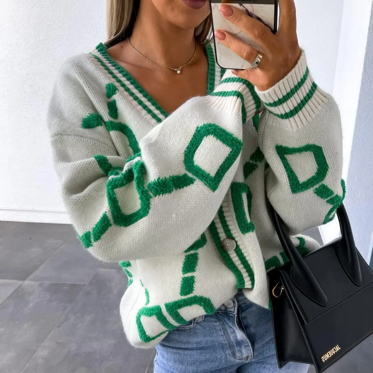 Women's Button V Neck Knit Long Sleeve Cardigan Sweater Casual Drop Shoulder Geometric Knit Loose Chunky Outerwear Top