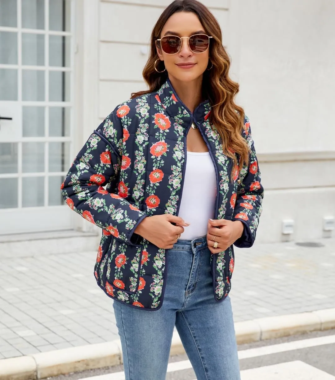 Women's Cropped Floral Quilted Jacket Lightweight Open Front Padded Puffer Coat