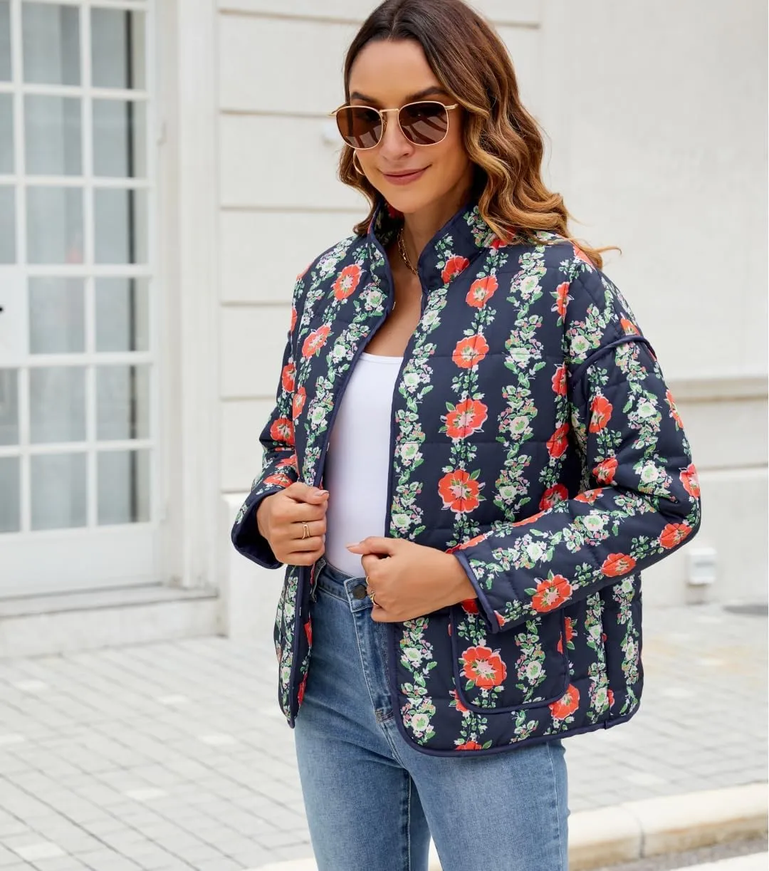 Women's Cropped Floral Quilted Jacket Lightweight Open Front Padded Puffer Coat
