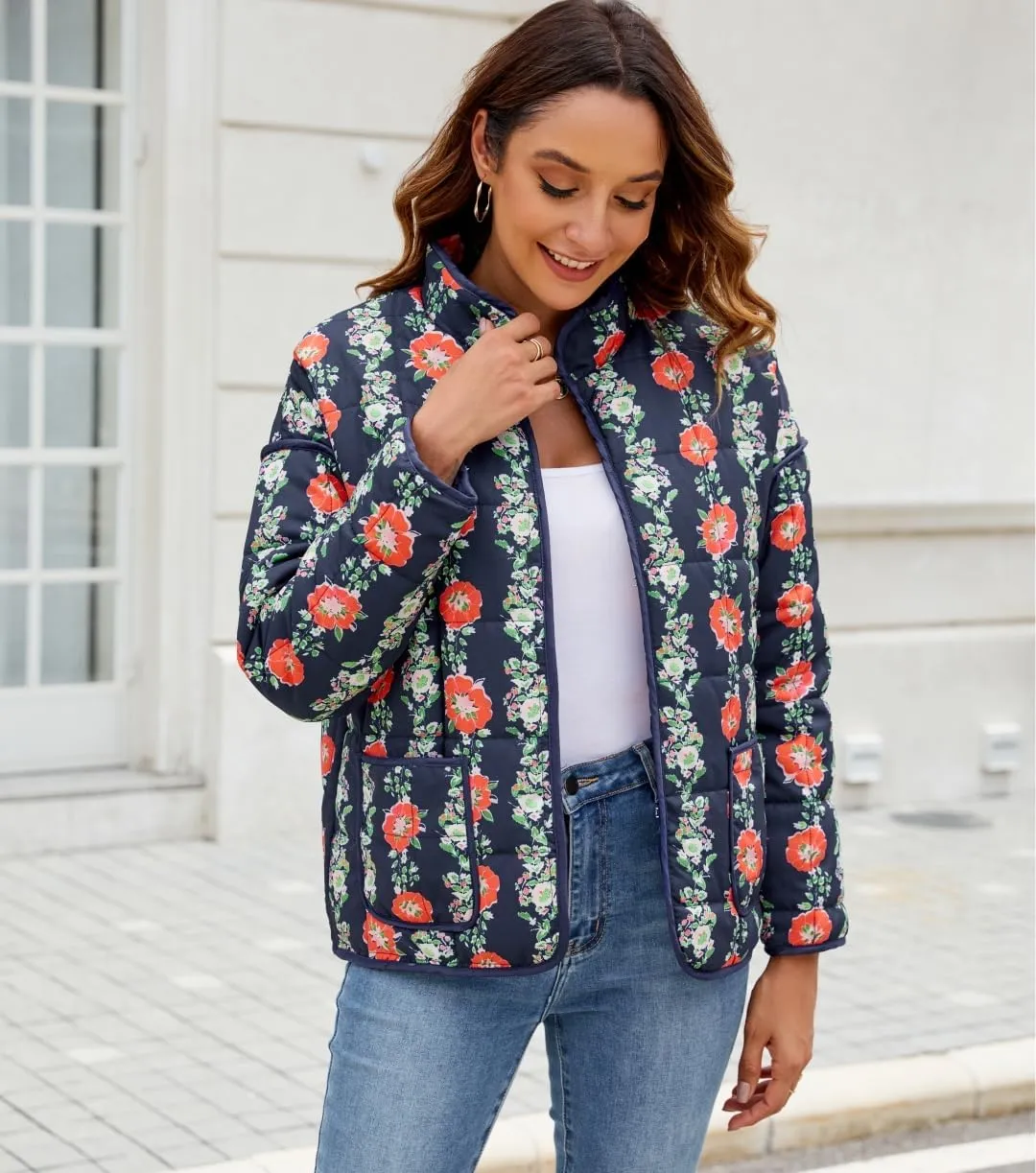Women's Cropped Floral Quilted Jacket Lightweight Open Front Padded Puffer Coat