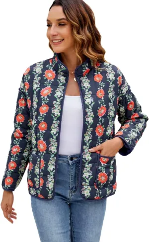 Women's Cropped Floral Quilted Jacket Lightweight Open Front Padded Puffer Coat