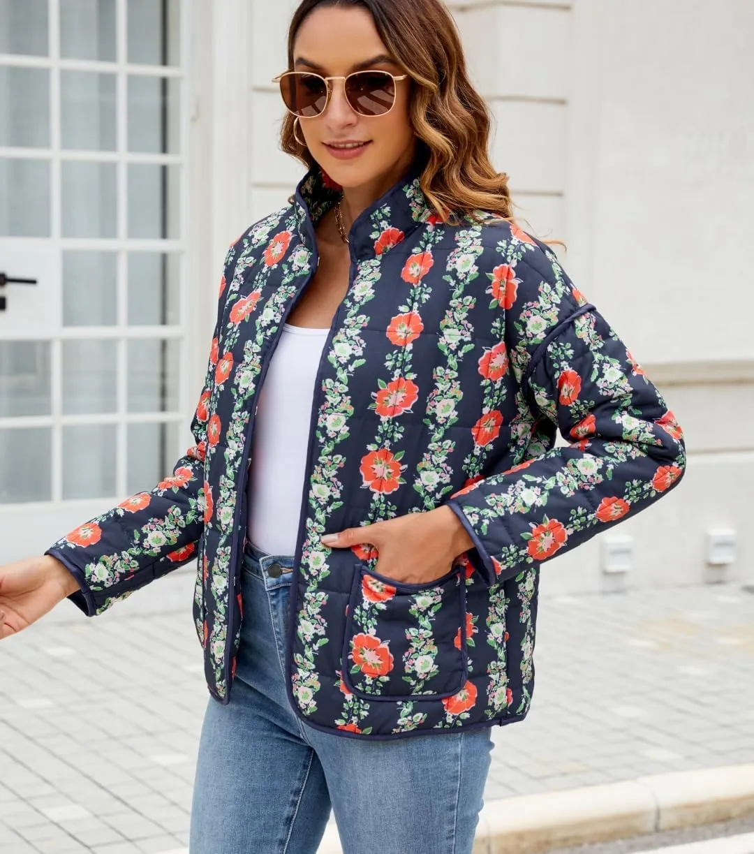 Women's Cropped Floral Quilted Jacket Lightweight Open Front Padded Puffer Coat