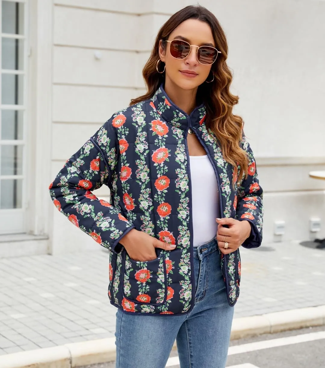Women's Cropped Floral Quilted Jacket Lightweight Open Front Padded Puffer Coat