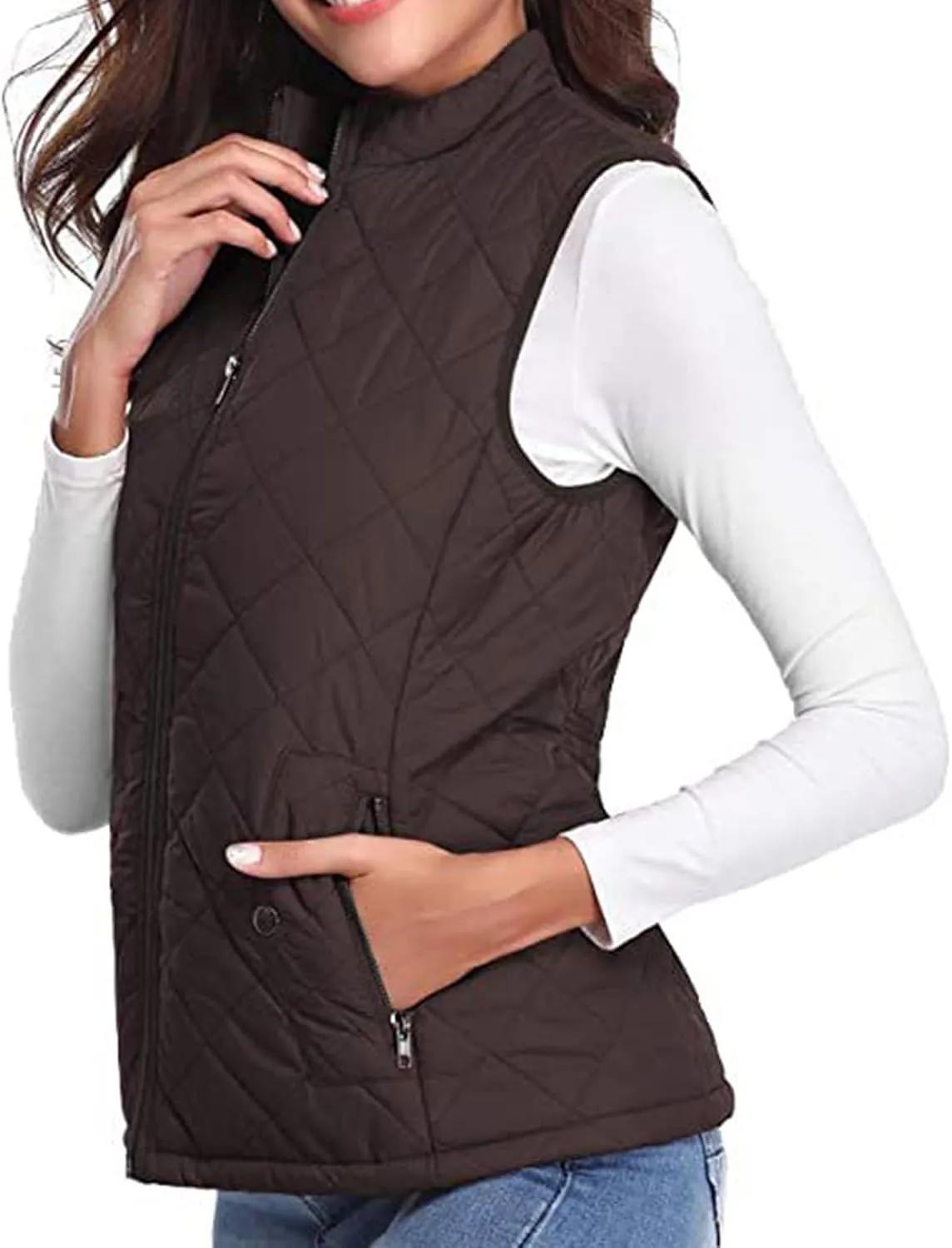 Women's Fall Winter Vest Zip Up Quilted Jackets Sleeveless Winter Coats Stand Collar Athletic Vest for Hiking Running