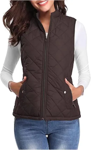 Women's Fall Winter Vest Zip Up Quilted Jackets Sleeveless Winter Coats Stand Collar Athletic Vest for Hiking Running