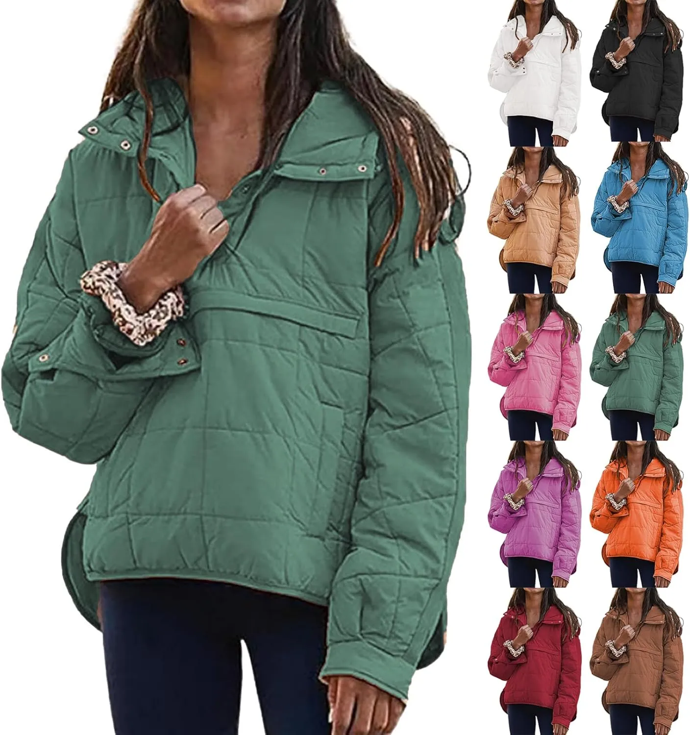 Women's Quilted Pullover Puffer Jacket Lightweight Button Long Sleeve Coat Oversized Packable Hooded Jacket Top