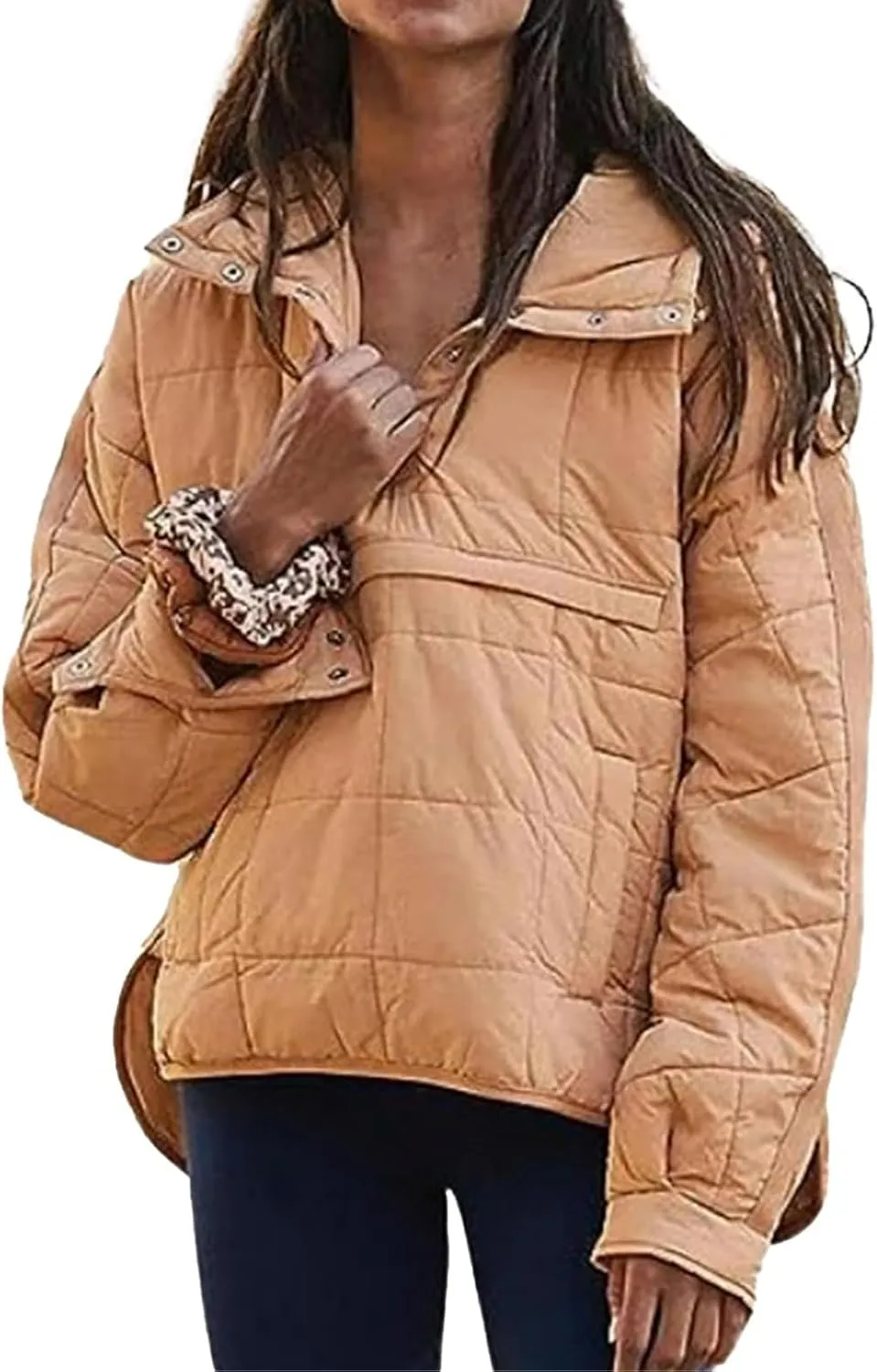Women's Quilted Pullover Puffer Jacket Lightweight Button Long Sleeve Coat Oversized Packable Hooded Jacket Top