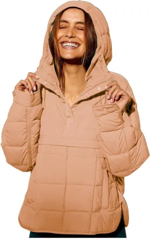 Women's Quilted Pullover Puffer Jacket Lightweight Button Long Sleeve Coat Oversized Packable Hooded Jacket Top