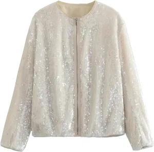 Women's Sequin Jackets Long Sleeve 2023 Winter Baseball Coats Full Zip Sweatshirts Trendy Elegant Party Outwear Tops
