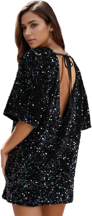 Women's Sequin Shirt Mini Dress Party Club Dresses Half Sleeve Crewneck Backless Tie Velvet Sparkly Dresses