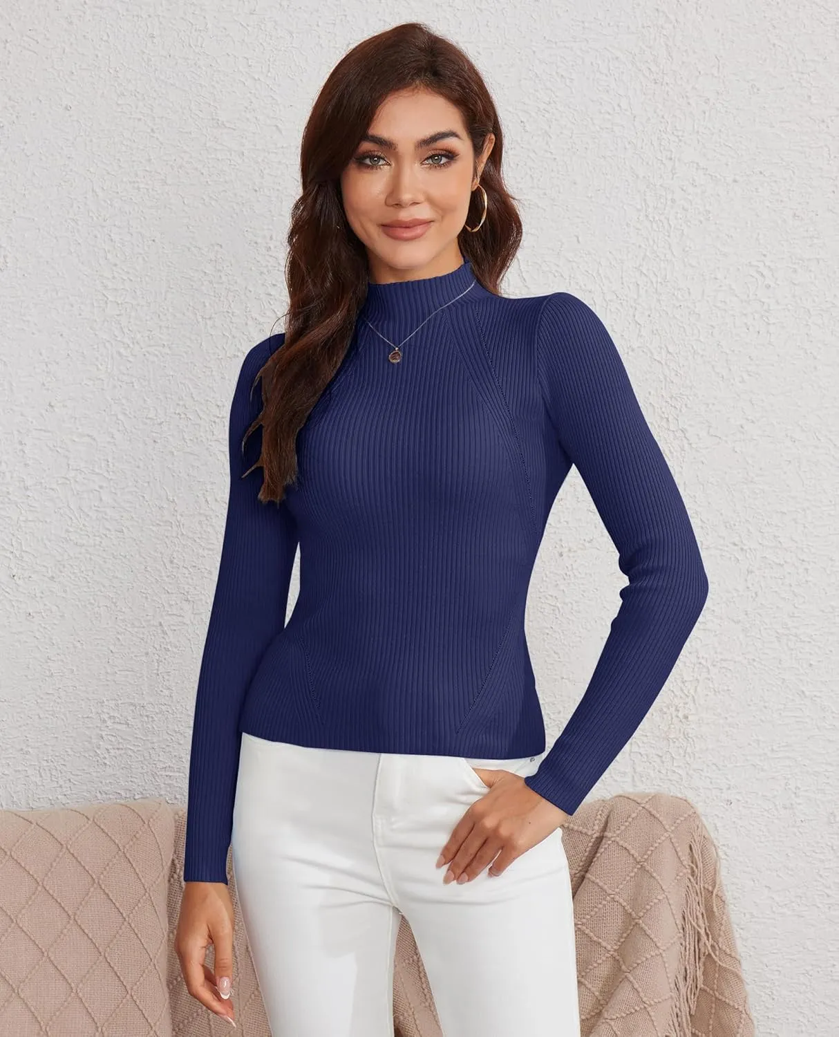 Womens Sweaters Mock Neck 2024 Long Sleeve Thermal Shirts Ribbed Knitted Pullover Slim Fit Tops Trendy
