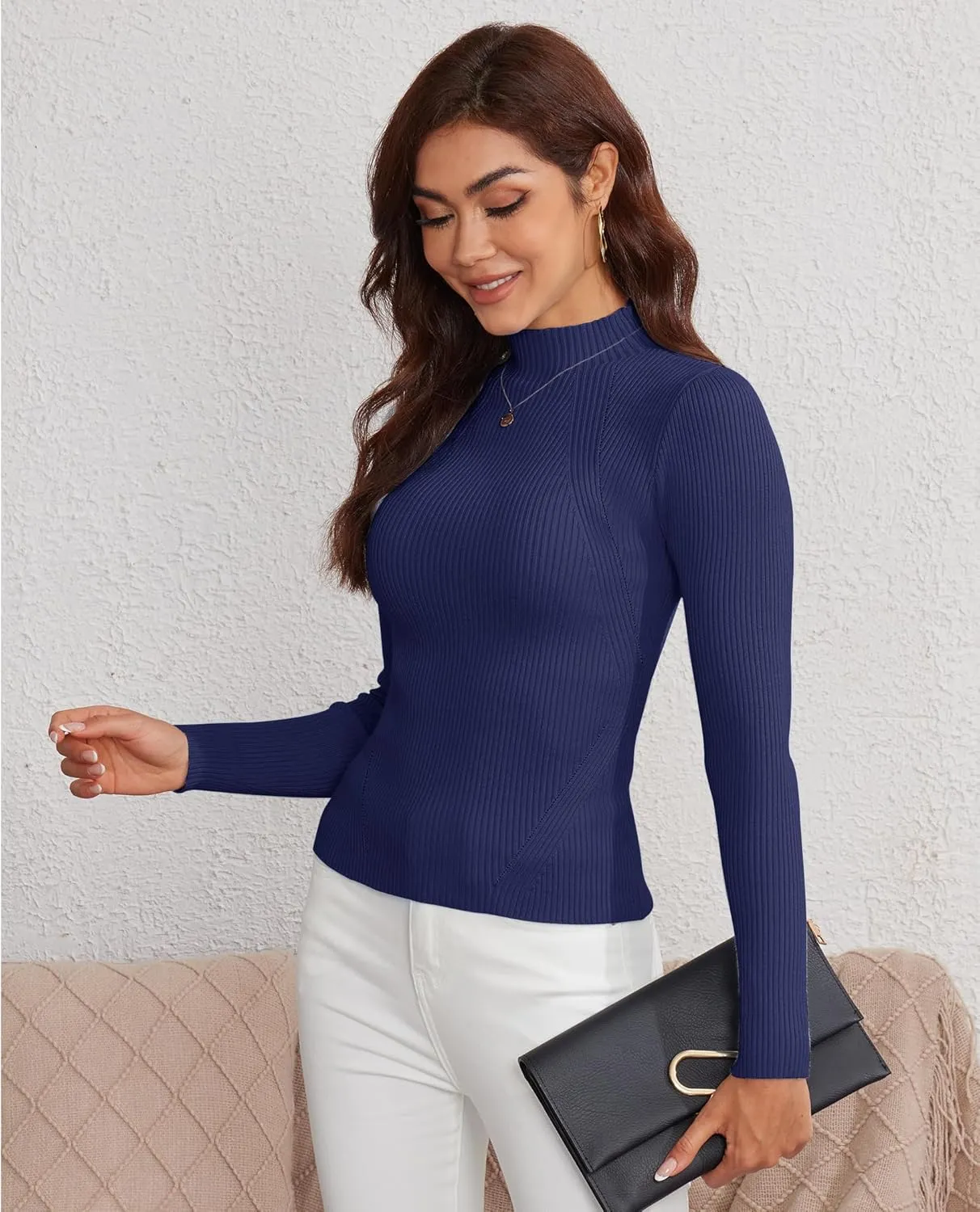 Womens Sweaters Mock Neck 2024 Long Sleeve Thermal Shirts Ribbed Knitted Pullover Slim Fit Tops Trendy