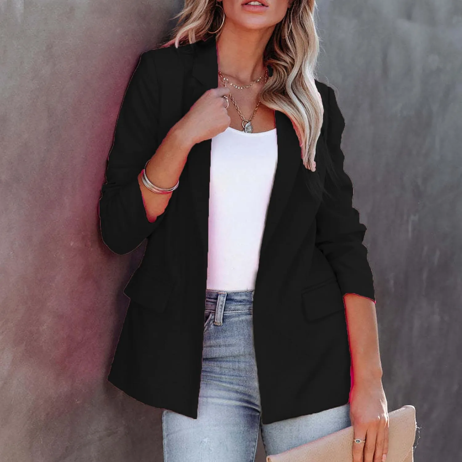 Womens Work Blazer Business Casual 3/4 Sleeve Tops Office Shirts Slim Fit Suit Jacket Fall Blouses Casual Outerwears