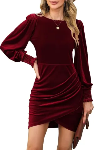 YIJIU Women Long Sleeve Velvet Dress Crew Neck Slim Fit Short Ruched Bodycon Cocktail Party Club Mini Dresses