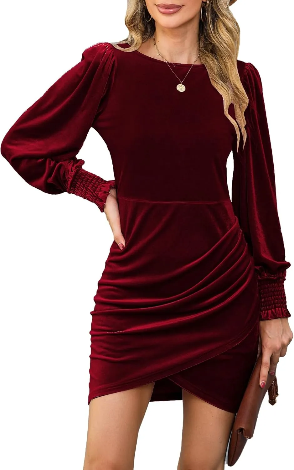YIJIU Women Long Sleeve Velvet Dress Crew Neck Slim Fit Short Ruched Bodycon Cocktail Party Club Mini Dresses
