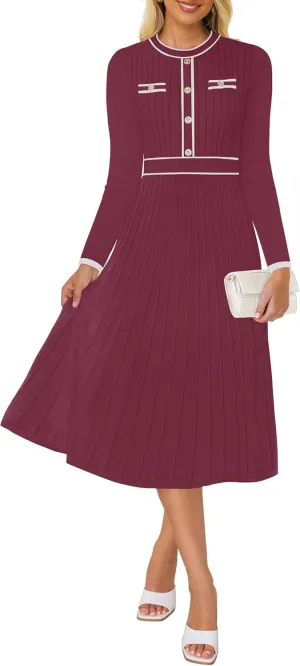 ZESICA Women's Spring Pleated Sweater Dress Long Sleeve Crewneck Ribbed Knitted Midi Dresses