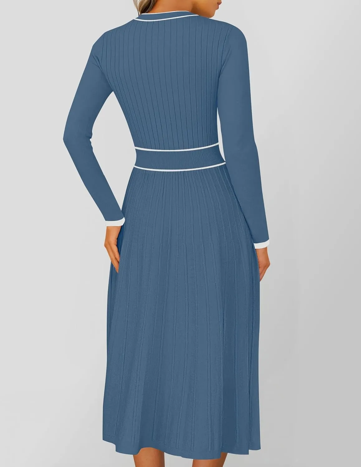 ZESICA Women's Spring Pleated Sweater Dress Long Sleeve Crewneck Ribbed Knitted Midi Dresses