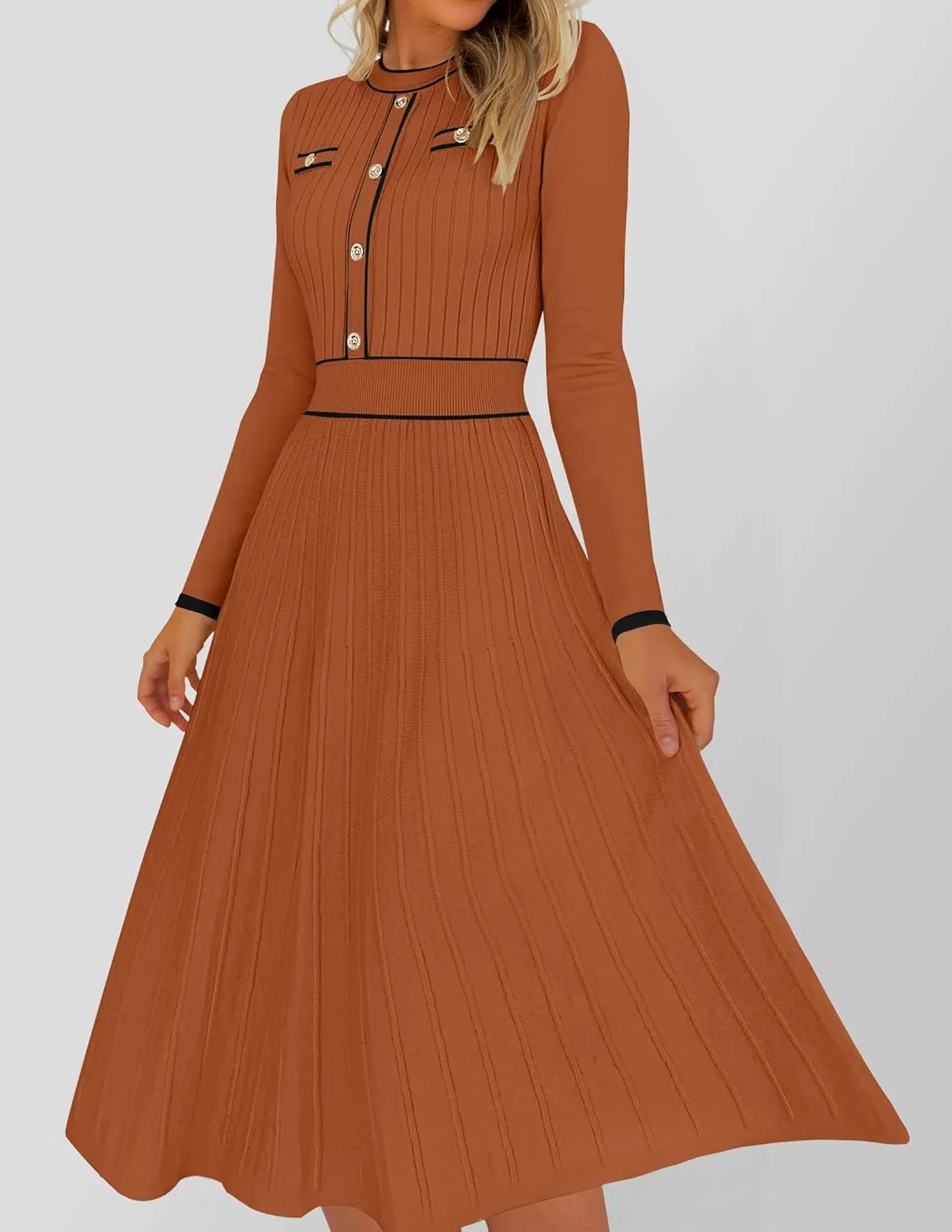 ZESICA Women's Spring Pleated Sweater Dress Long Sleeve Crewneck Ribbed Knitted Midi Dresses