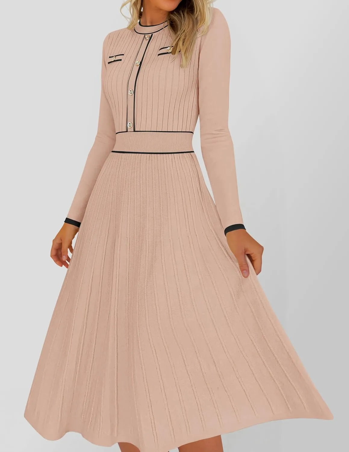 ZESICA Women's Spring Pleated Sweater Dress Long Sleeve Crewneck Ribbed Knitted Midi Dresses