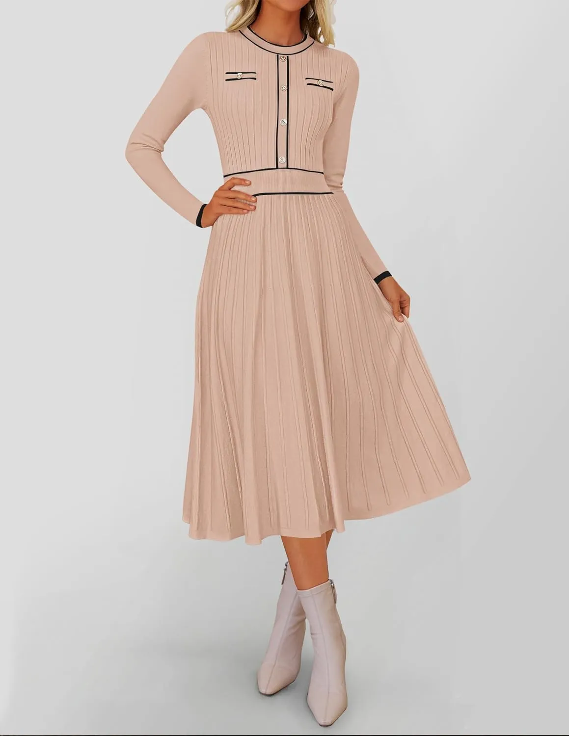 ZESICA Women's Spring Pleated Sweater Dress Long Sleeve Crewneck Ribbed Knitted Midi Dresses