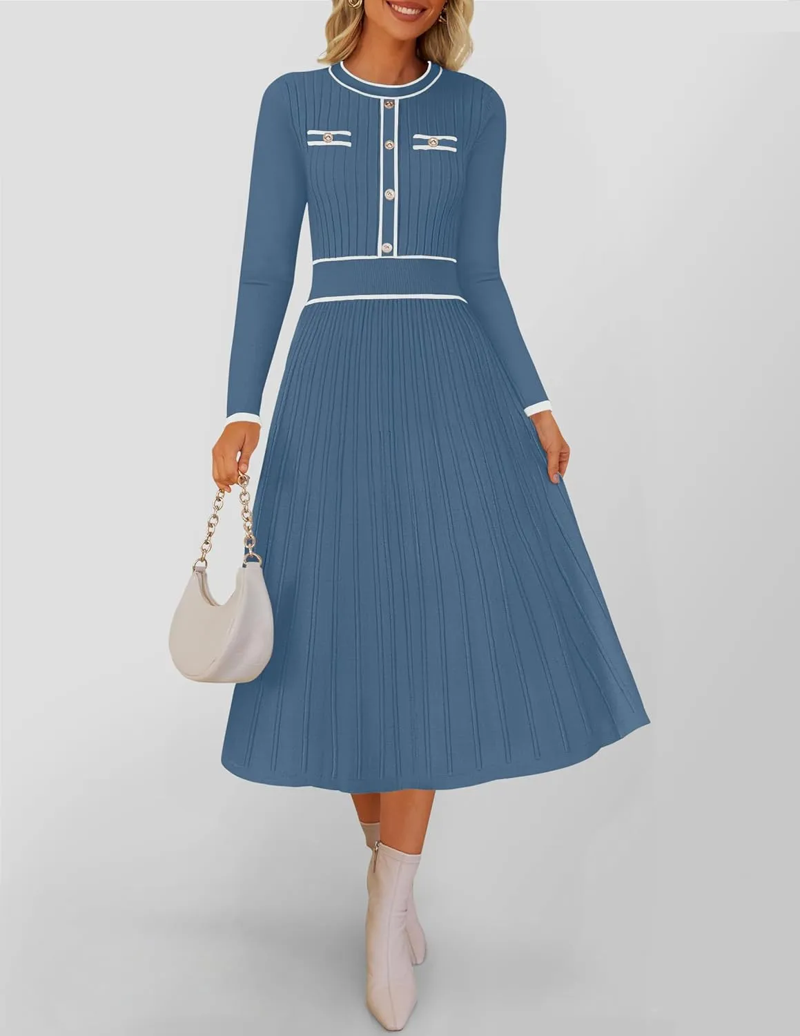 ZESICA Women's Spring Pleated Sweater Dress Long Sleeve Crewneck Ribbed Knitted Midi Dresses