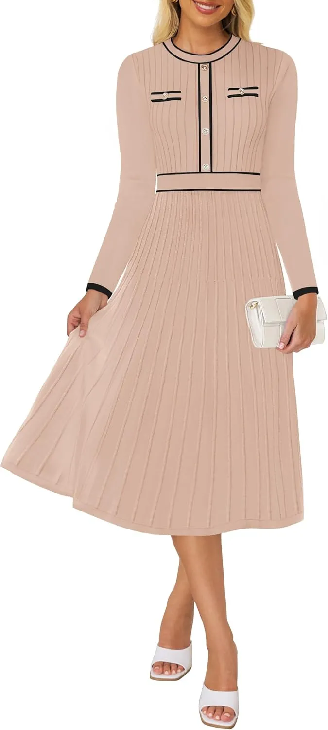 ZESICA Women's Spring Pleated Sweater Dress Long Sleeve Crewneck Ribbed Knitted Midi Dresses