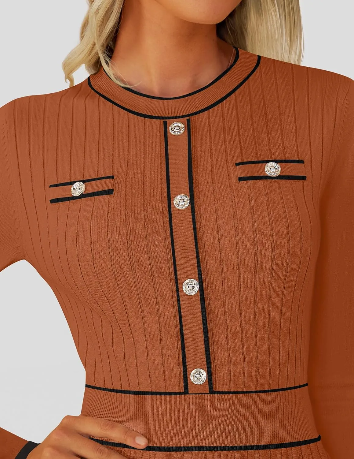 ZESICA Women's Spring Pleated Sweater Dress Long Sleeve Crewneck Ribbed Knitted Midi Dresses