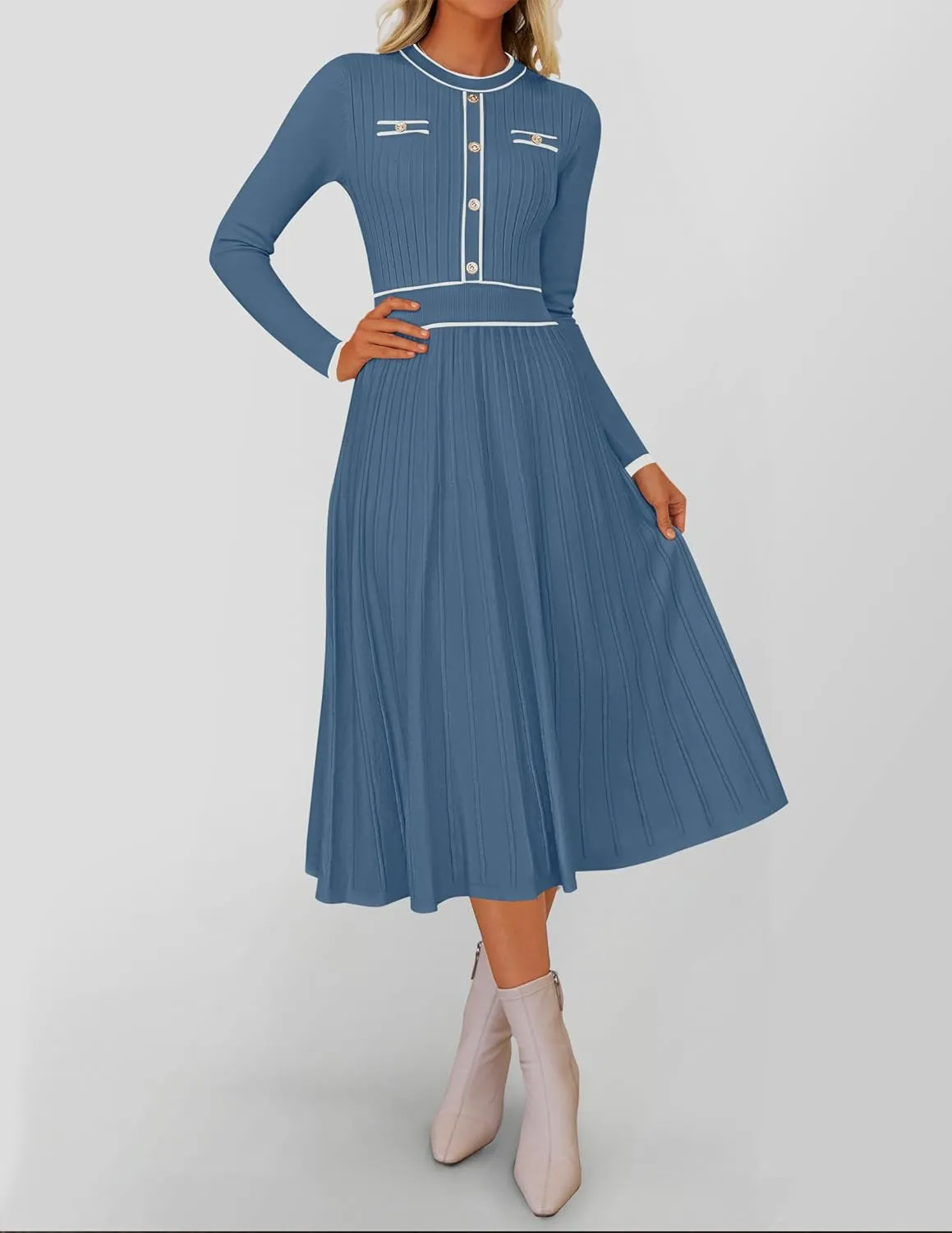 ZESICA Women's Spring Pleated Sweater Dress Long Sleeve Crewneck Ribbed Knitted Midi Dresses