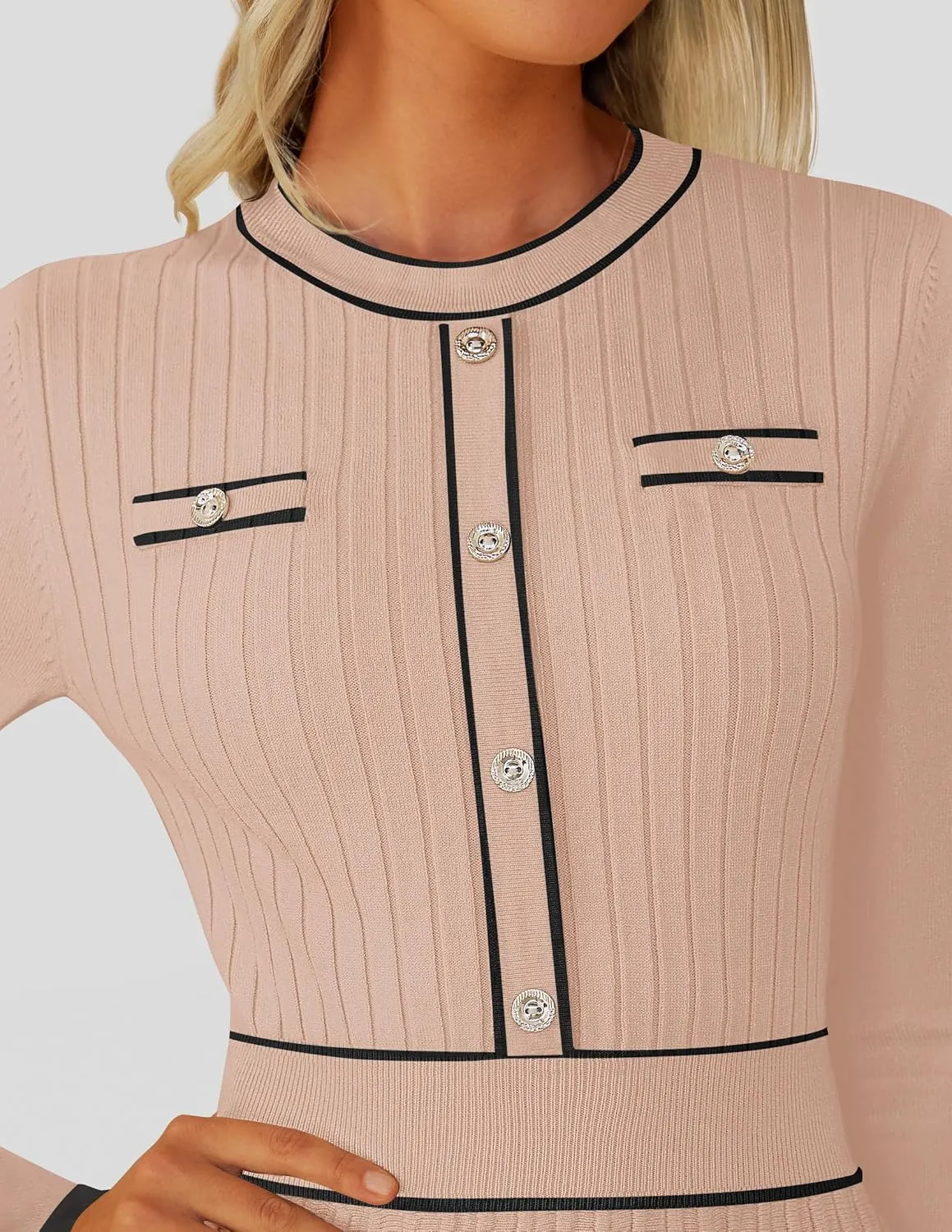 ZESICA Women's Spring Pleated Sweater Dress Long Sleeve Crewneck Ribbed Knitted Midi Dresses