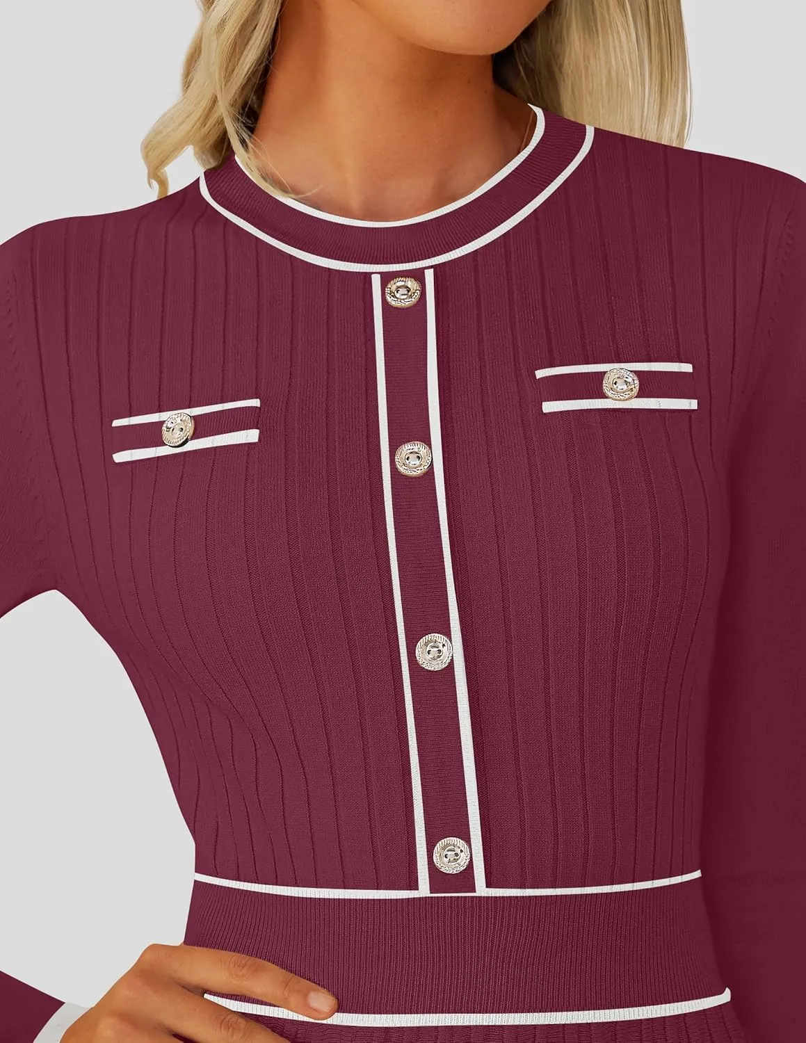 ZESICA Women's Spring Pleated Sweater Dress Long Sleeve Crewneck Ribbed Knitted Midi Dresses