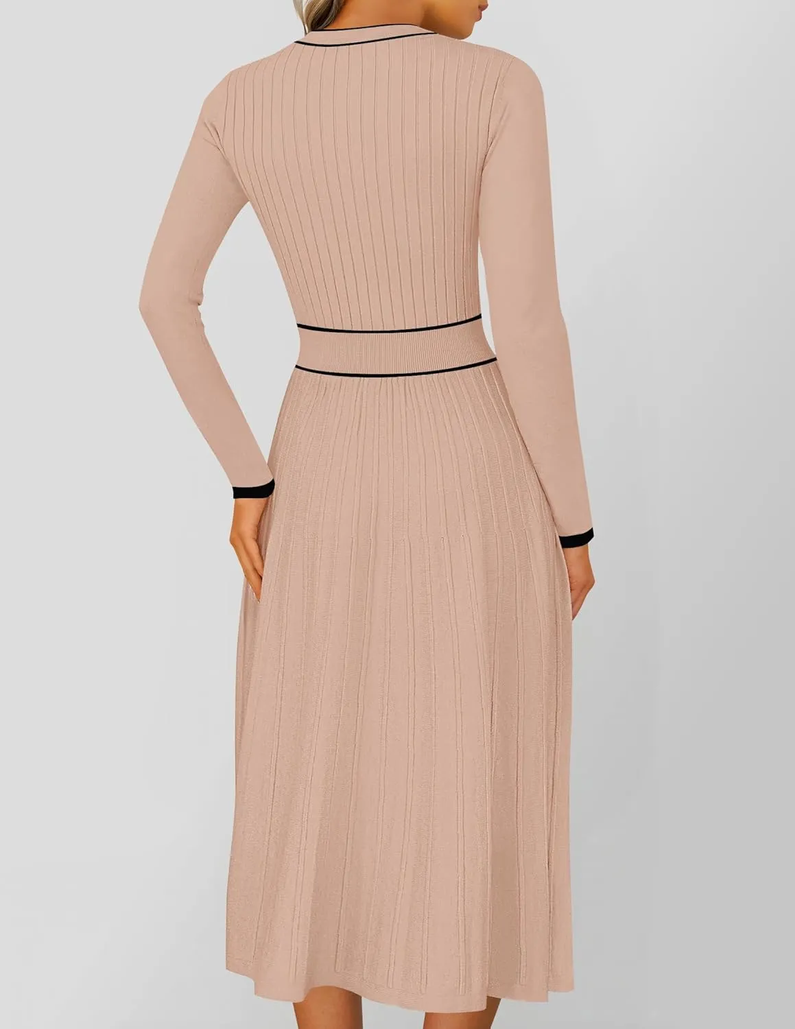 ZESICA Women's Spring Pleated Sweater Dress Long Sleeve Crewneck Ribbed Knitted Midi Dresses