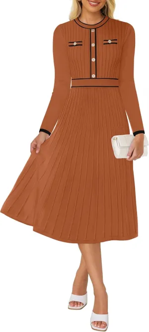 ZESICA Women's Spring Pleated Sweater Dress Long Sleeve Crewneck Ribbed Knitted Midi Dresses