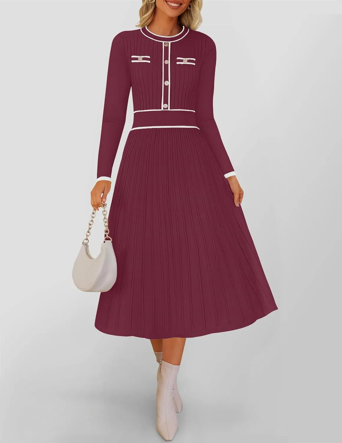 ZESICA Women's Spring Pleated Sweater Dress Long Sleeve Crewneck Ribbed Knitted Midi Dresses