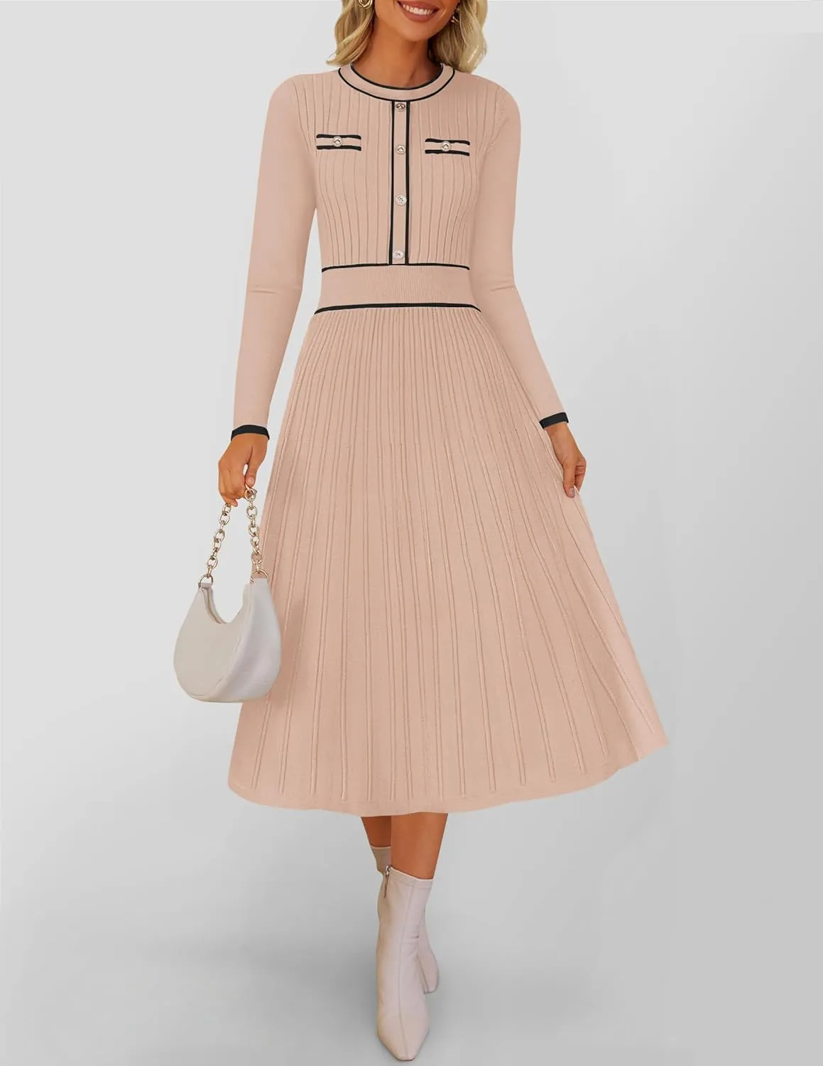 ZESICA Women's Spring Pleated Sweater Dress Long Sleeve Crewneck Ribbed Knitted Midi Dresses