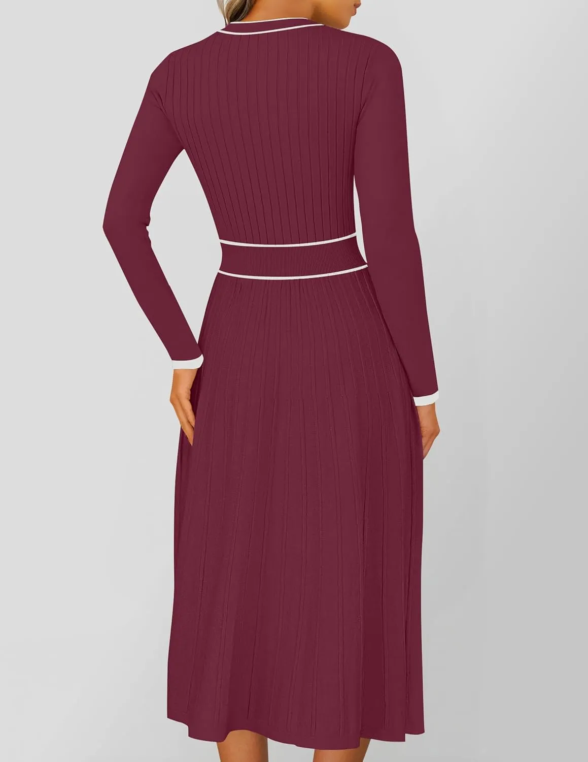 ZESICA Women's Spring Pleated Sweater Dress Long Sleeve Crewneck Ribbed Knitted Midi Dresses