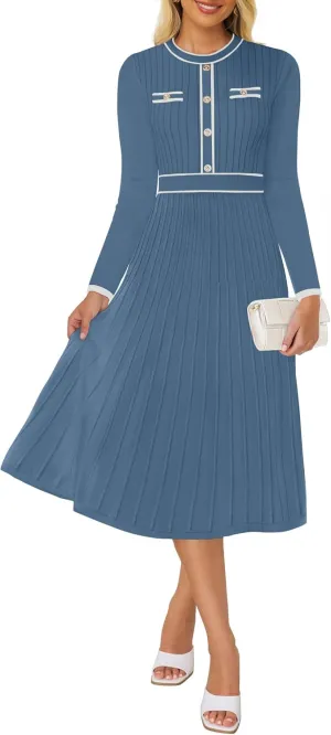 ZESICA Women's Spring Pleated Sweater Dress Long Sleeve Crewneck Ribbed Knitted Midi Dresses
